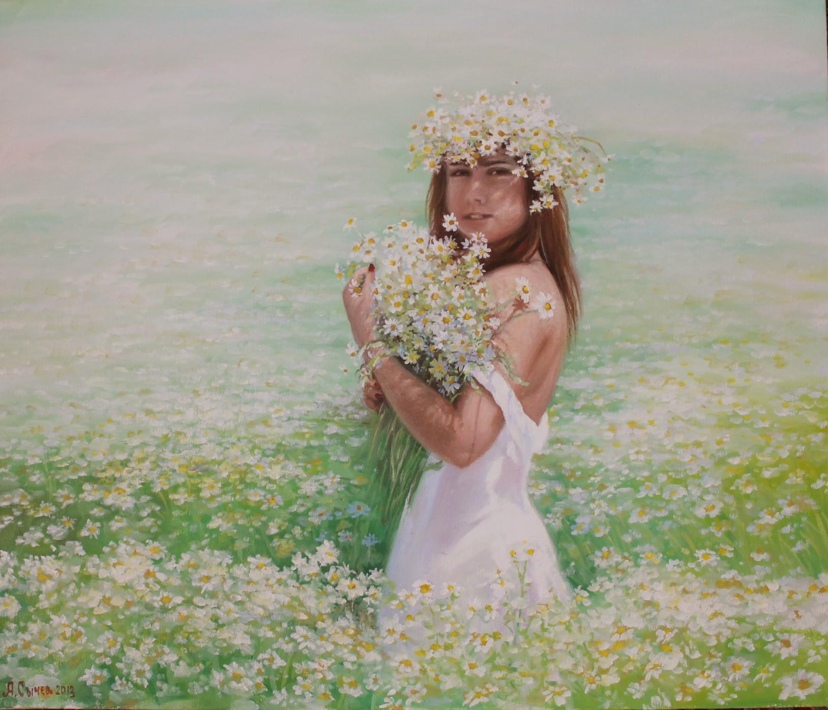 Песня счастья рассвет. Девочка в ромашках. Женщина с ромашками живопись. Девочка в ромашковом поле в живописи.